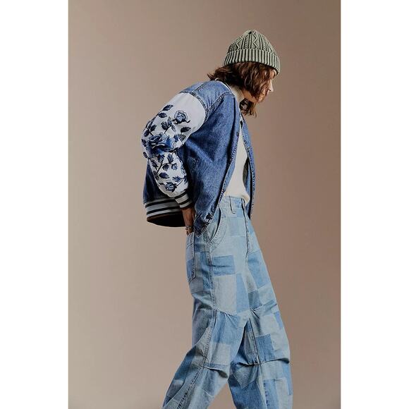 New Free People WTF Team Spirit Jacket $298 SMALL Stone Blue Floral Embroidery - Picture 5 of 8